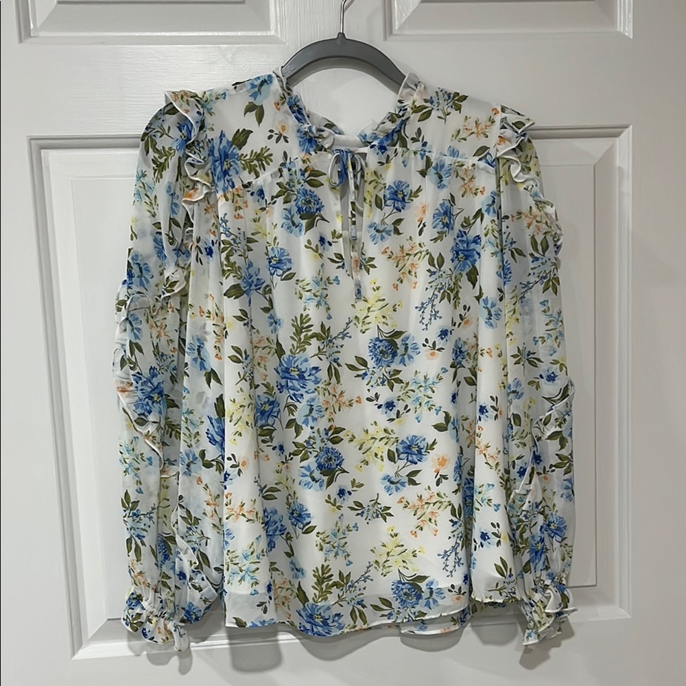 Sugarlips Blue and Green Puff Sleeve Long Sleeve Blouse